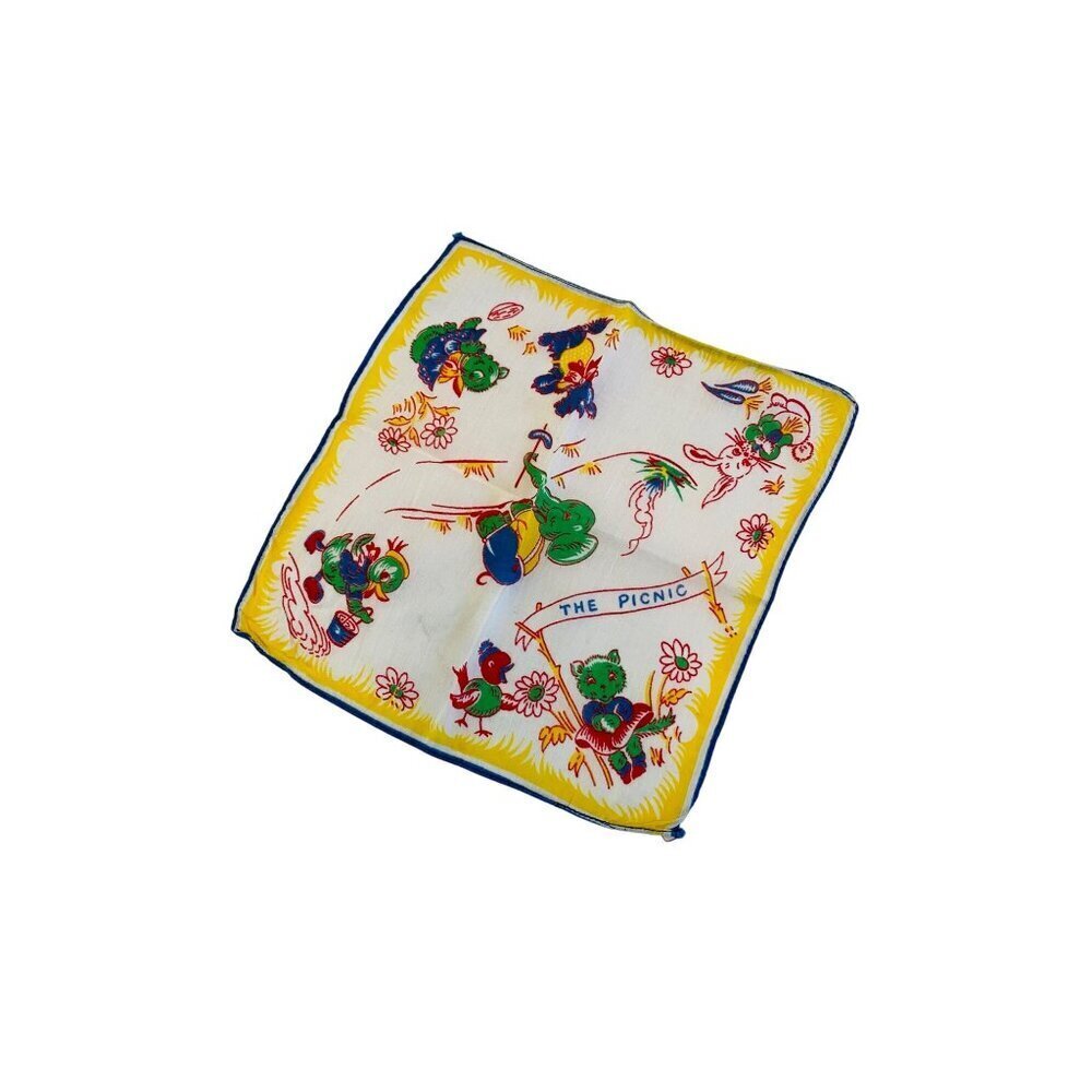 Vintage Child's Hankie from the 1940s, The Picnic Whimsical Novelty Print Hankie - Picture 1 of 8
